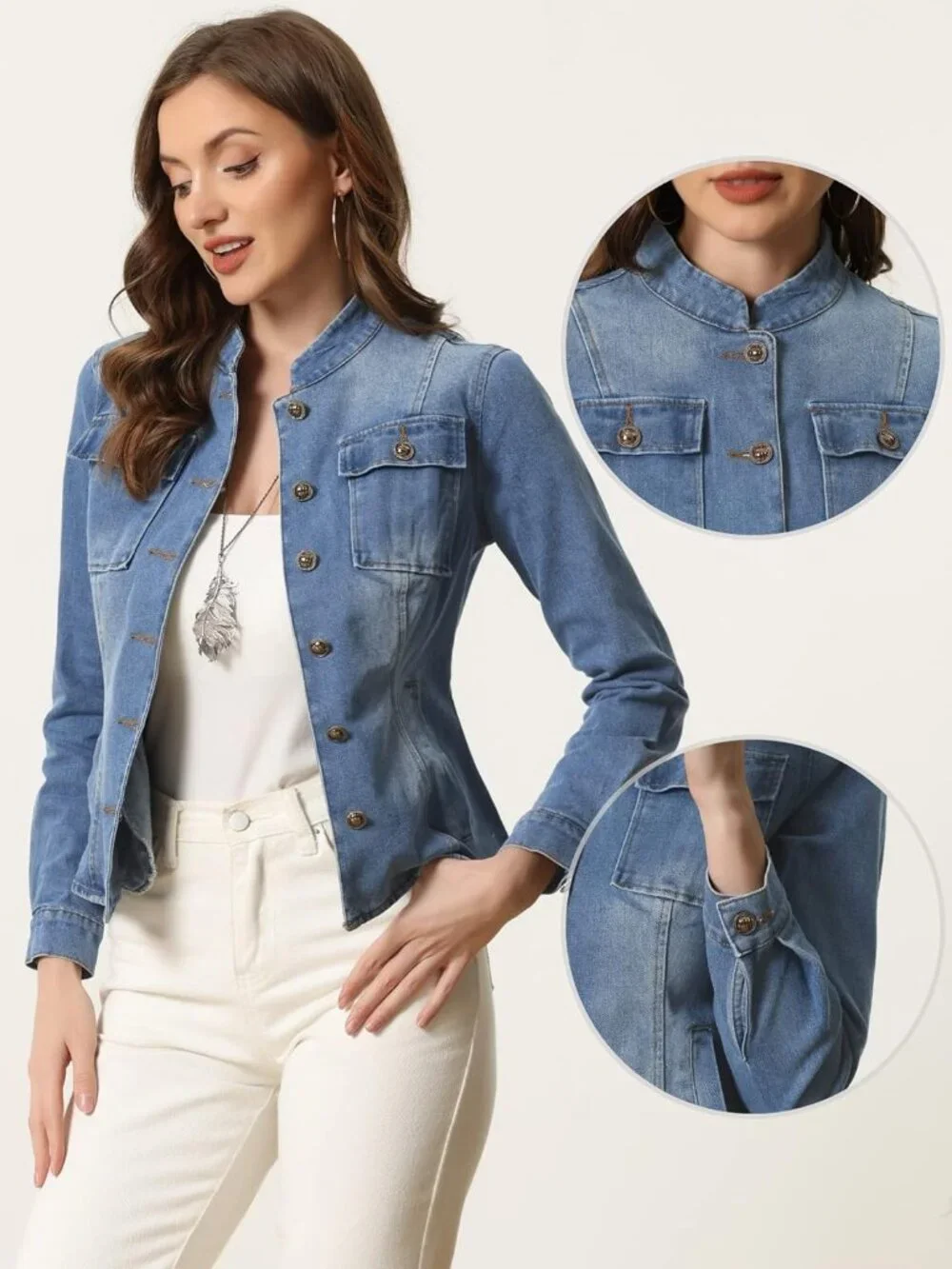 Women's Blue Classic Stand Collar Long Sleeve Denim Jackets Flap Chest Pockets